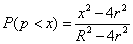 P(p< x) = (x squared - 4r squared)/(R squared - 4r squared)