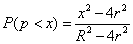 P(p< x) = (x squared - 4r squared)/(R squared - 4r squared)